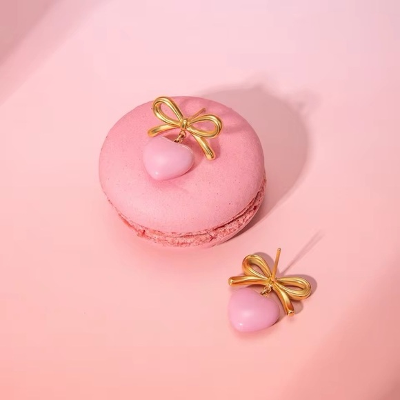 18k Gold Plated Bowknot Pink Heart Drip Oil Earrings - Picture 7 of 9